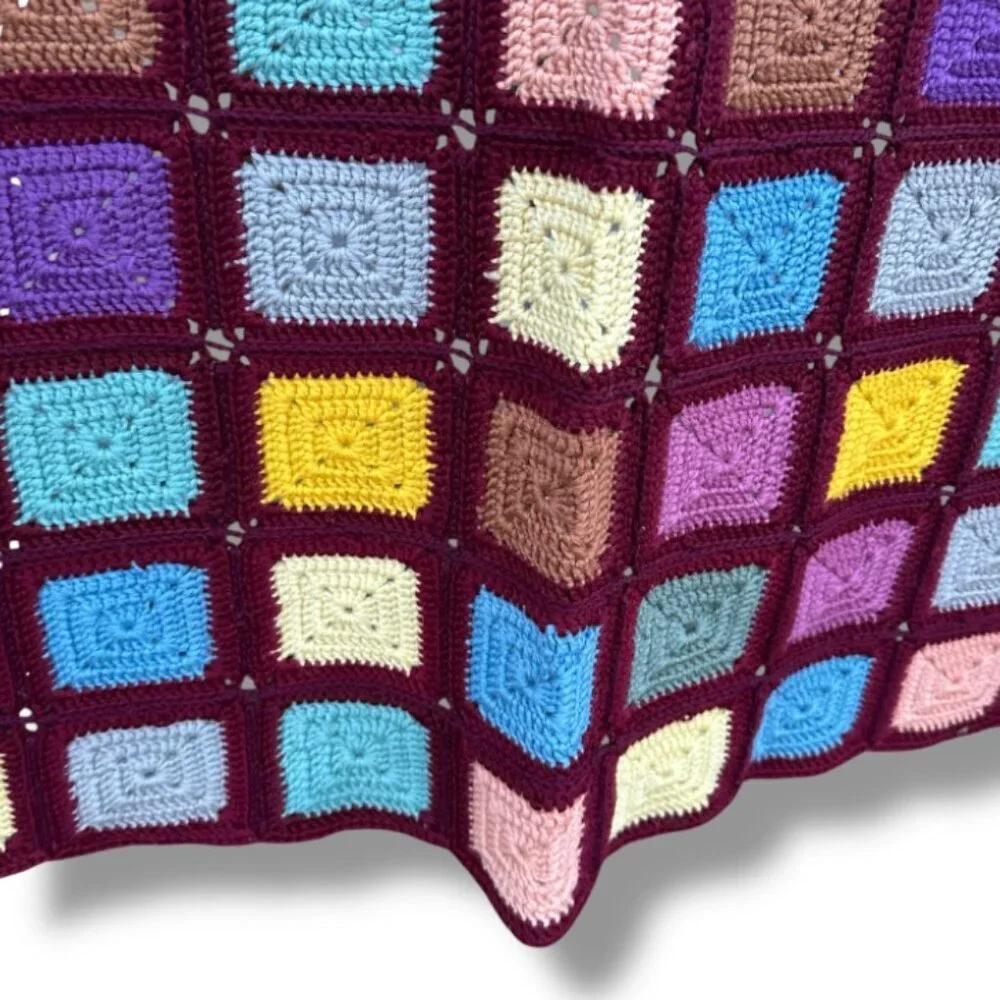 Vintage‎ Burgundy Colorful Granny Square Afghan Blanket Crochet Throw 52